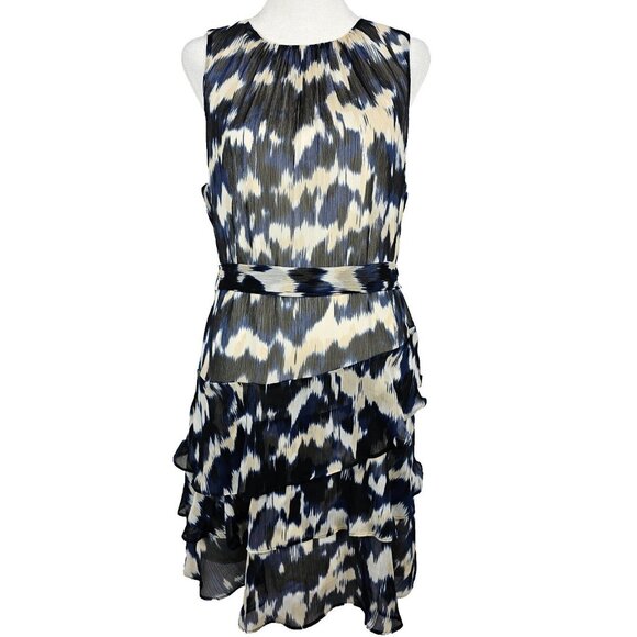 Smudged Polka Dot Navy Black White Tiered Mini Summer Business Casual Dress Sz M - Picture 4 of 14